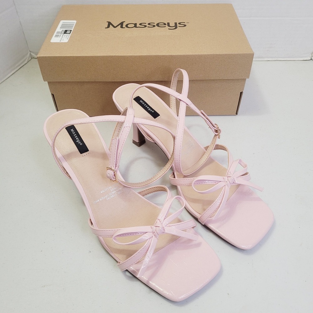 Masseys Women Kylie Sandal 10W Pink Patent Strappy Bow Square Toe Heel